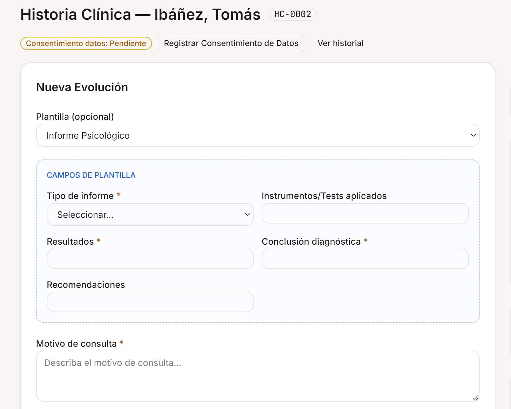 Captura de la app web de Prisma — vista de Historia Clínica