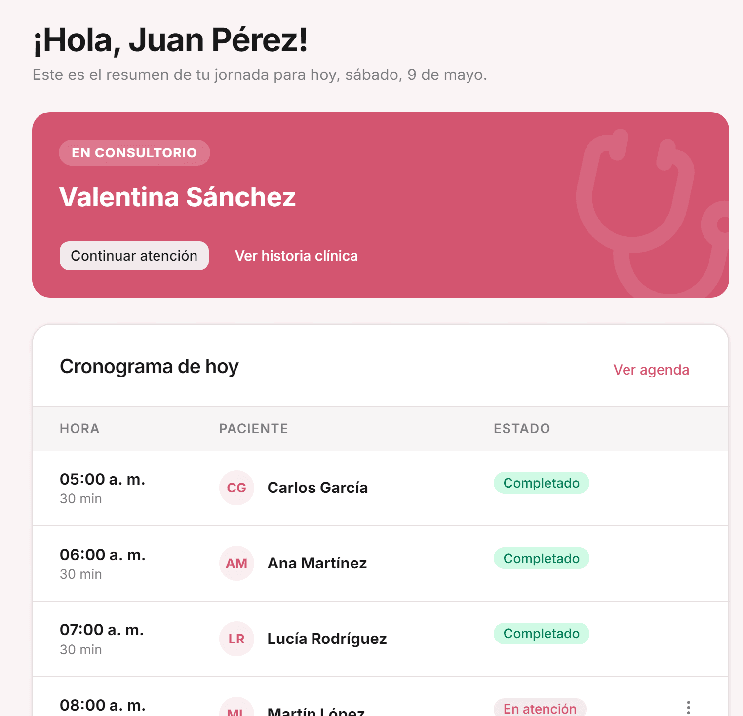 Captura de la app web de Prisma — pantalla de inicio del profesional