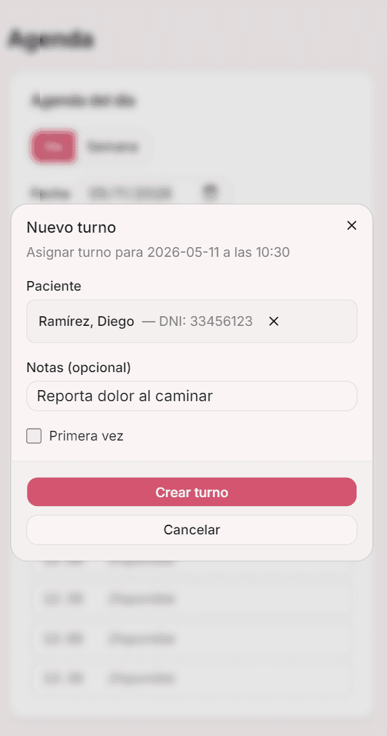 Captura de la app de Prisma en mobile — alta de turno